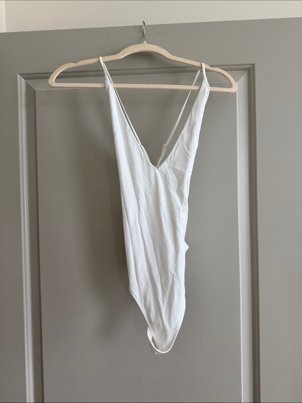Babaton White V-Neck Thin-Strap Bodysuit